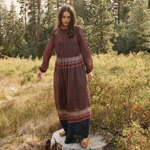 Doen Silk Maxi Printed Dress - Navy, red, gold block print small S VGUC!